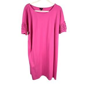 Talbots Fuchsia Pink Knit Shift Dress Openwork Crochet Lace Cuff Sleeves sz XL